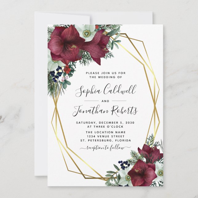 All in one Burgundy Floral Gold Winter Wedding Einladung (Vorderseite)