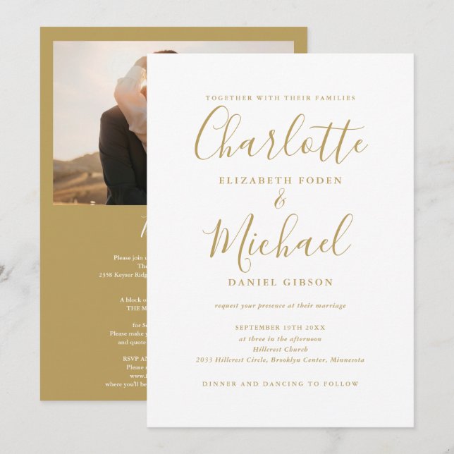 All in one Chic Gold Script Foto Hochzeit Einladung (Vorne/Hinten)