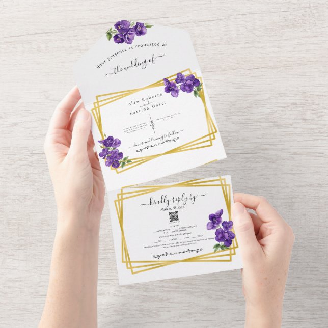 All in One Deep Lila Violets Wedite Einladung (Abreißen)