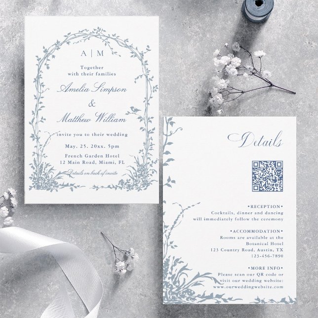 All in One Dusty Blue Floral Garden Wedding Arch  Einladung (Front & Back)