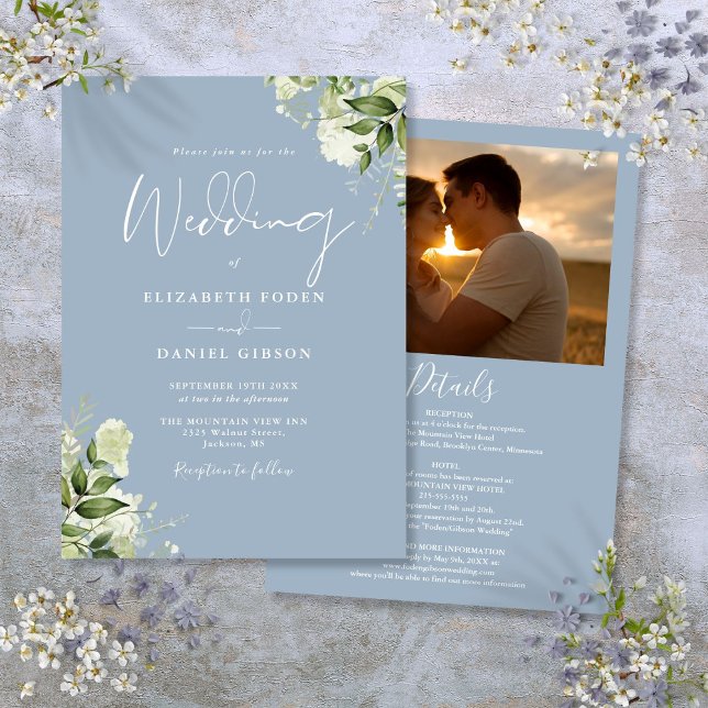 All in one dusty Blue Greenerity Foto Wedding Einladung (All In One Dusty Blue Greenery Photo Wedding Invitation)