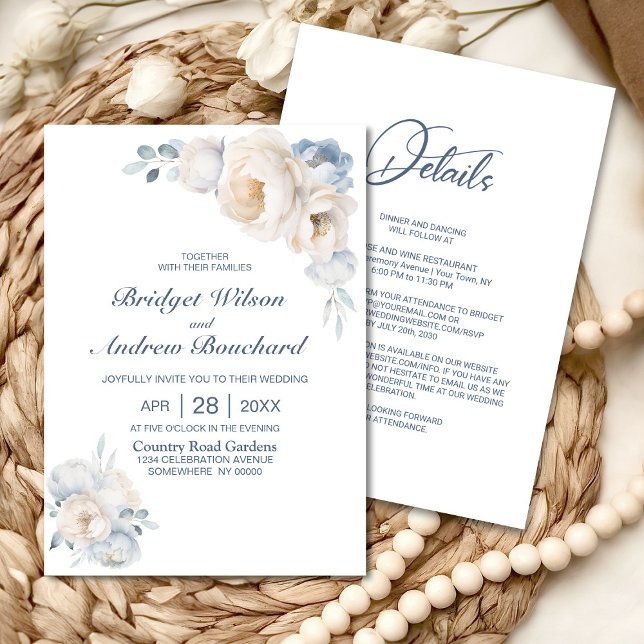 All in one dusty Blue White Floral Wedding Einladung (Von Creator hochgeladen)