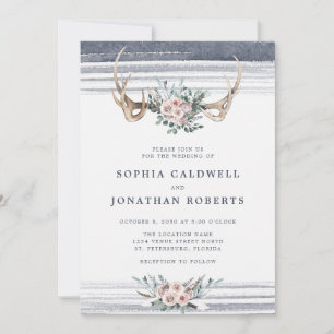 All in one Dusty Pink Roses Deer Antlers Wedding Einladung