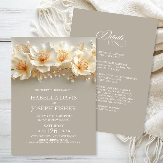All in One Elegant White and Gold Floral Wedding Einladung (Von Creator hochgeladen)