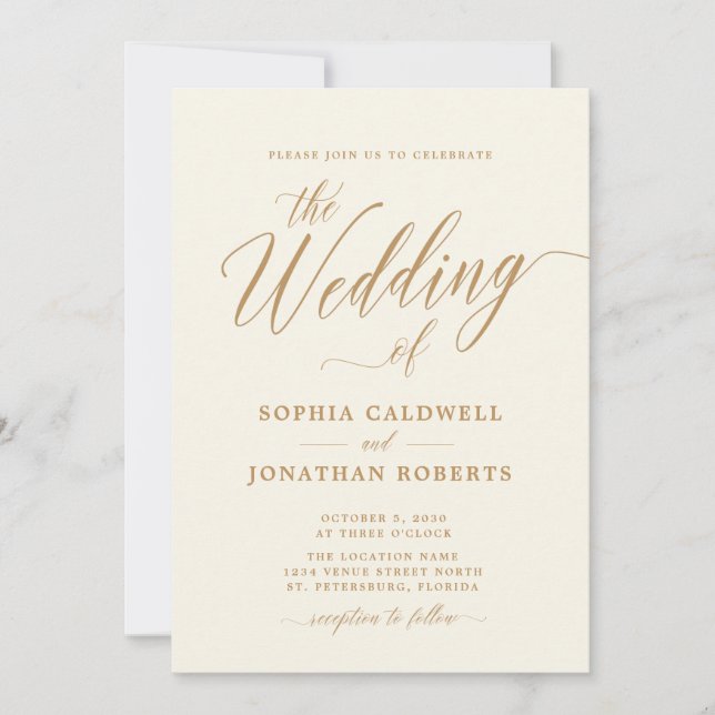 All in one elegante Gold Calligrafy Cream Wedding Einladung (Vorderseite)