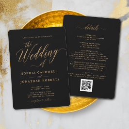 All in one Elegante Gold Calligraphy Black Wedding Einladung