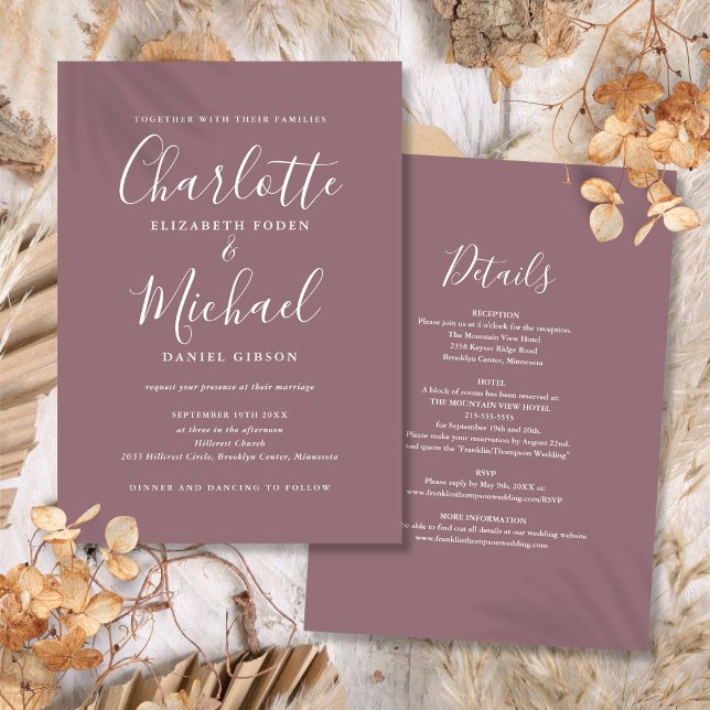 All in one elegante moderne Script Mauve Wedding Einladung (All In One Elegant Modern Script Mauve Wedding Invitation)