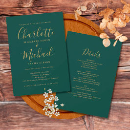 All in one Emerald Green Gold Script Hochzeit Einladung