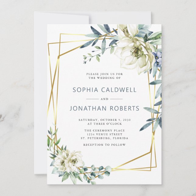 All in one Eukalyptus Floral Gold Wedding Einladung (Vorderseite)