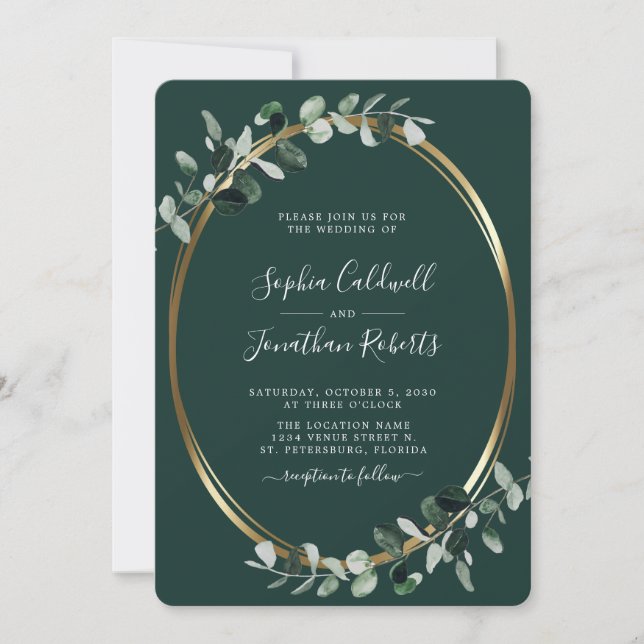 All in one Eukalyptus Gold Emerald Green Wedding Einladung (Vorderseite)