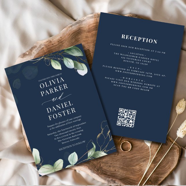 All in one Eukalyptus Navy Blue QR Code Wedding Einladung (Von Creator hochgeladen)