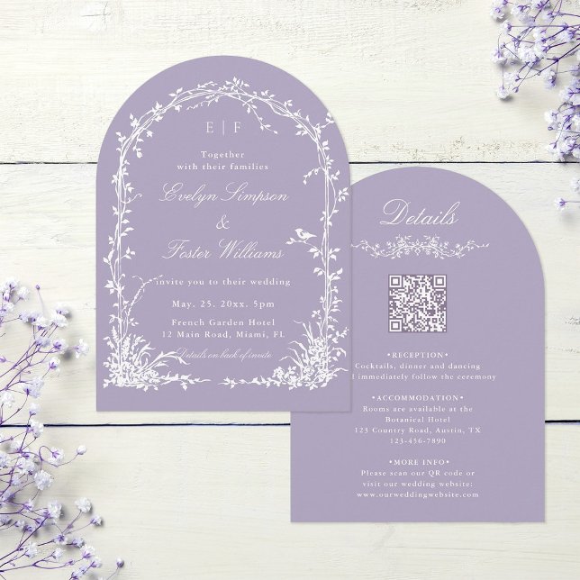 All in One Floral Arch Garden Wedding Lavender Einladung (Front & Back)