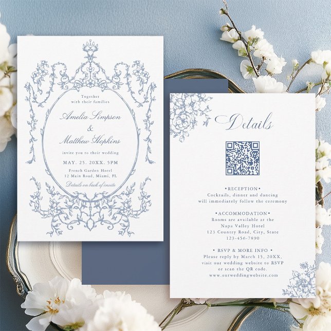 All in One Floral Frame Blue Wedding               Einladung (Front & Back)