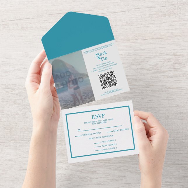 All in One Foto Blue Wedding Einladung QR Code (Abreißen)
