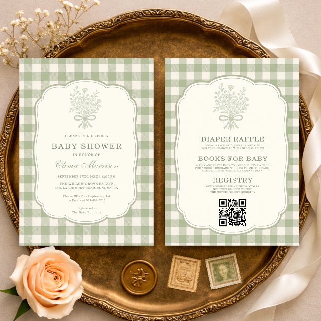 All in One Gingham Floral Bow Baby Shower Einladung (Von Creator hochgeladen)