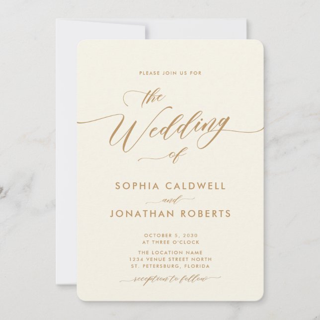 All in One Gold and Cream Calligraphy Wedding Einladung (Vorderseite)