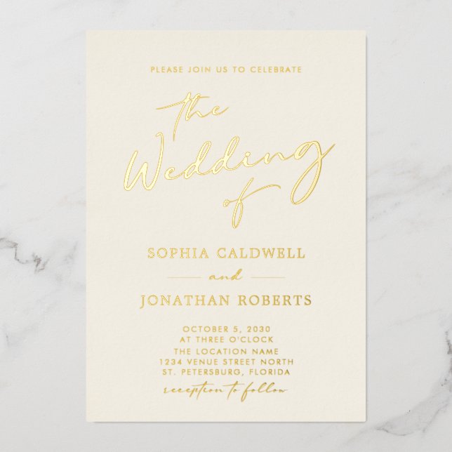 All in One Gold Calligrafy Cream Wedding Folieneinladung (Vorderseite)