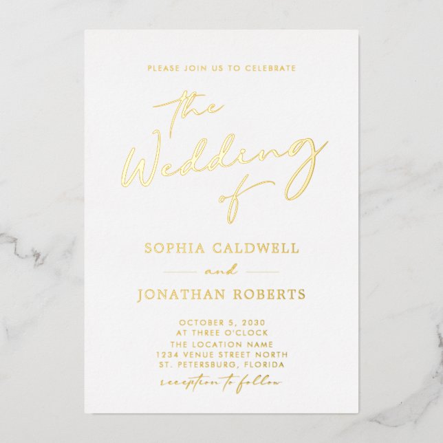 All in One Gold Calligraphy Script Wedding Folieneinladung (Vorderseite)