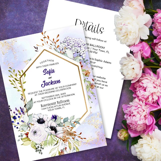 All in One Gold Geometric Lila Floral Wedding Einladung (Von Creator hochgeladen)