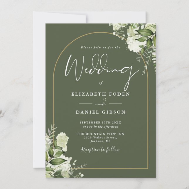 All in one Greenerity Gold Arch Olive Green Weddin Einladung (Vorderseite)