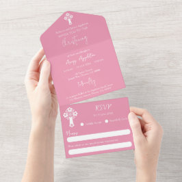 All In One Invitation Floral Cross Baptism Pink Einladung