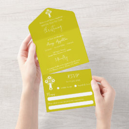 All In One Invitation Floral Cross Baptism Yellow Einladung