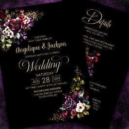 All in one Lila burgundy Black Floral Wedding Einladung