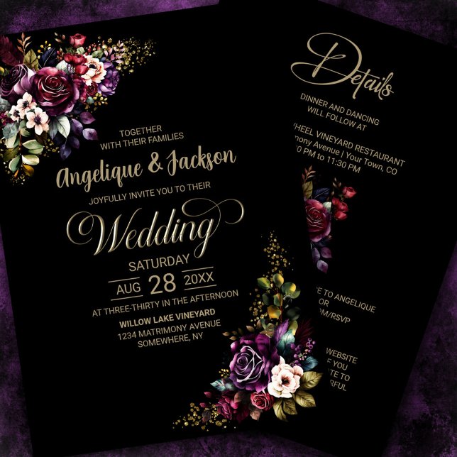 All in one Lila burgundy Black Floral Wedding Einladung (Von Creator hochgeladen)