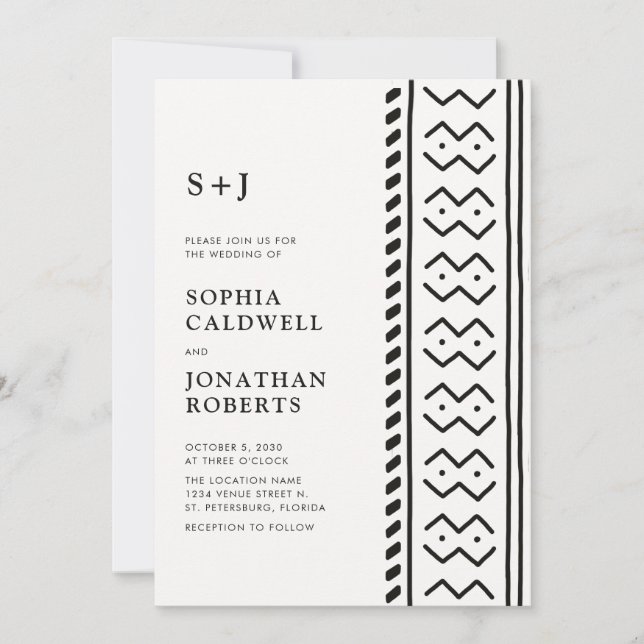 All in One Modern Boho Mudcloth Monogram Wedding Einladung (Vorderseite)