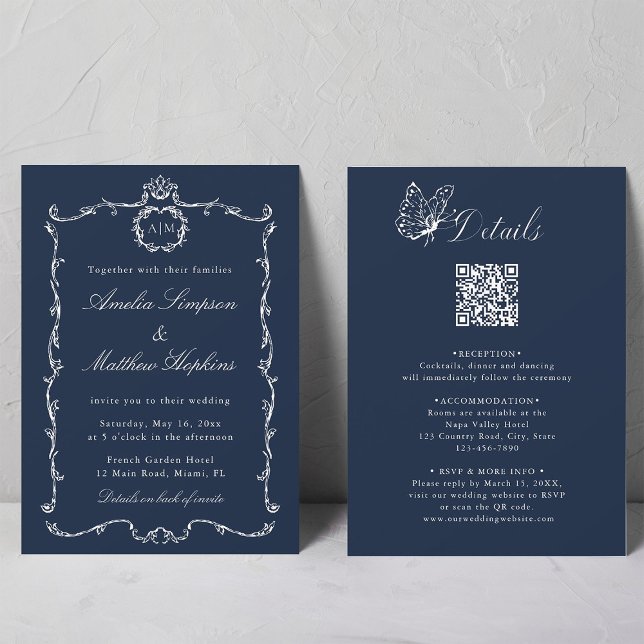 All in One Modern Classic French Wedding Navy Blue Einladung (Front & Back)
