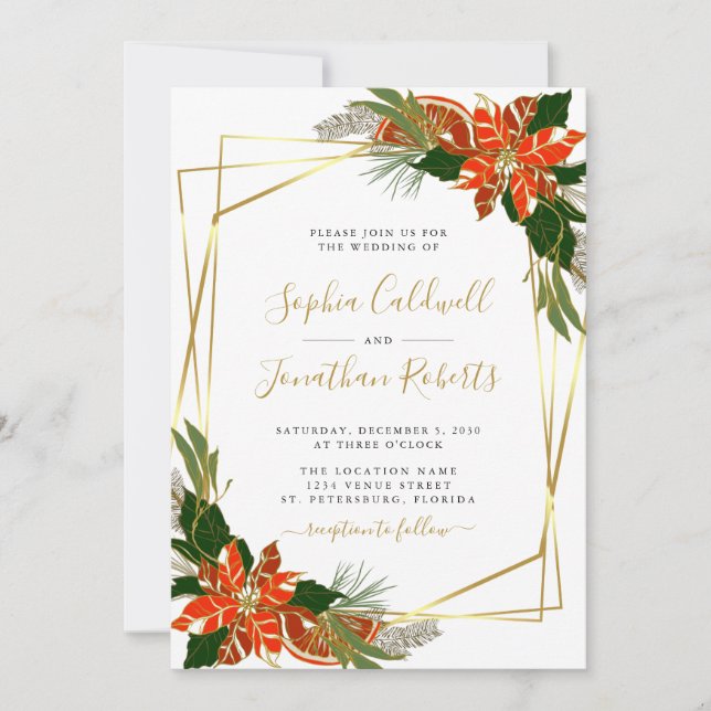 All in one Modern Poinsettia Gold Winter Wedding Einladung (Vorderseite)