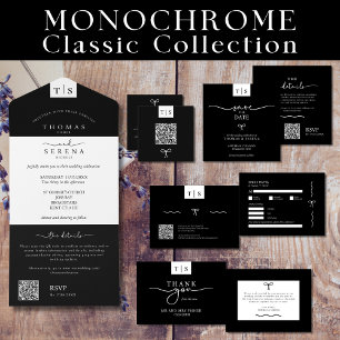 All in one monochrome Schwarz-weiße QR Code Weddin All In One Einladung