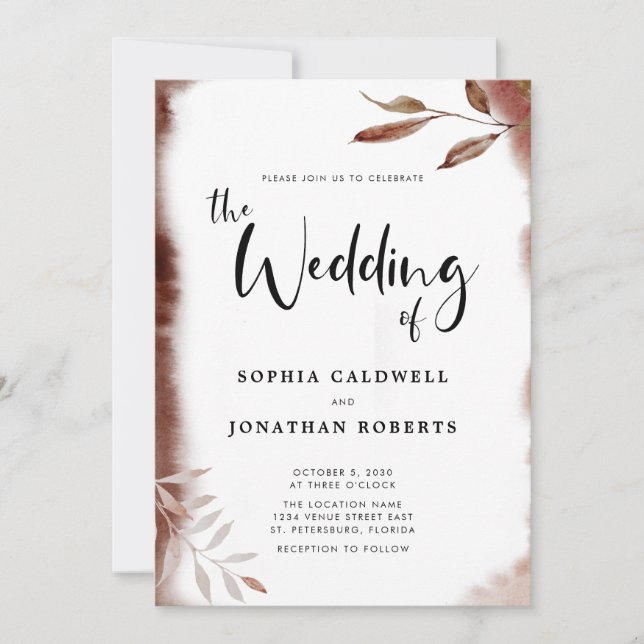 All in One Moody Fall Foliage Calligrafy Wedding Einladung (Vorderseite)
