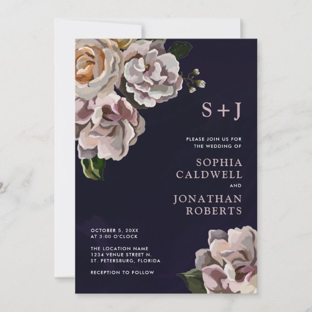 All in one Moody Floral Navy Hochzeit Einladung (Vorderseite)