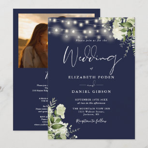 All In One Navy Blau Greenery Licht Foto Hochzeit Einladung