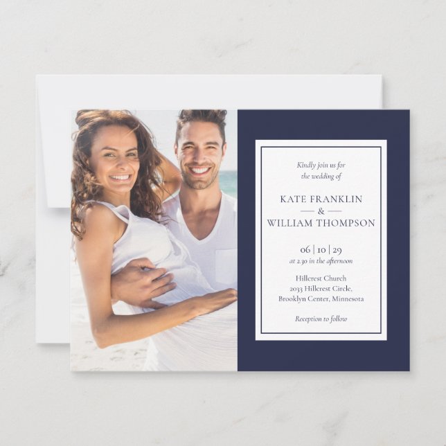 All in one Navy Blue Foto Hochzeit Einladung (Vorderseite)