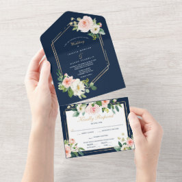 All in One Navy Blue Gold Blush Wedding Invitation