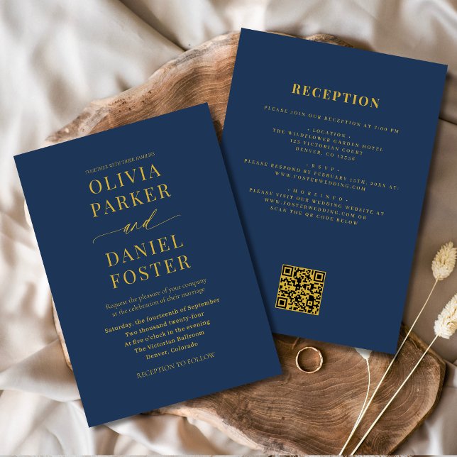 All in One Navy Blue Gold QR Code Hochzeit Einladung (Von Creator hochgeladen)
