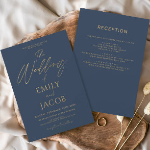 All in One Navy Blue Gold Wedding Elegantes Script Einladung