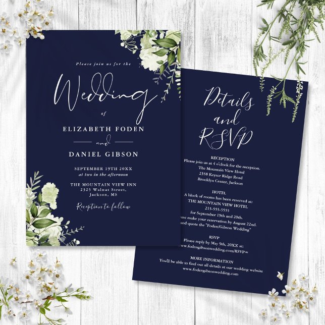 All in one Navy Blue Greenerity Blumenhochzeit Einladung (All In One Navy Blue Greenery Floral Wedding Invitation)