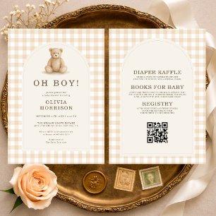 All in One Oh Boy Teddy Bär Gingham Babyparty-Einl Einladung