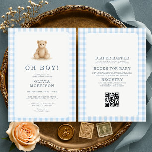 All in One Oh Boy Teddybär Gingham Baby Shower-Ein Einladung