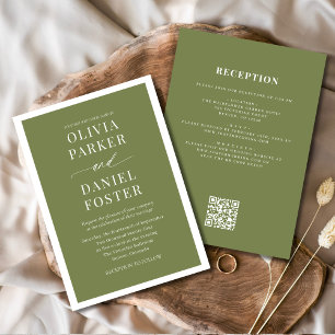 All in One Olive Green QR Code Minimalistisch Hoch Einladung