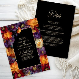 All in One Purple and Orange Floral Black Wedding Einladung