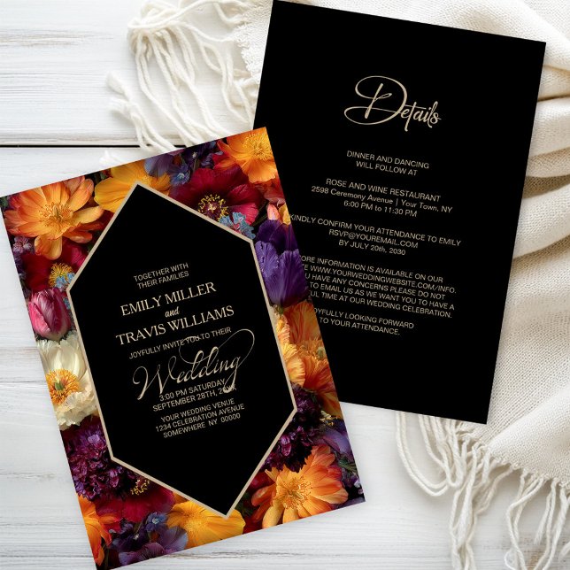 All in One Purple and Orange Floral Black Wedding Einladung (Von Creator hochgeladen)