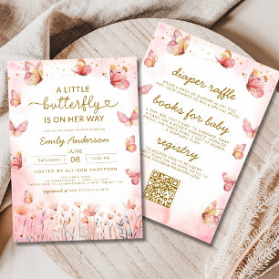 All in one QR Code Girl Pink Butterfly Baby Dusche Einladung
