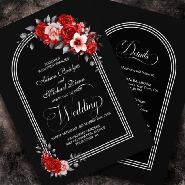 All in one Red Floral Black Wedding Einladung (Von Creator hochgeladen)