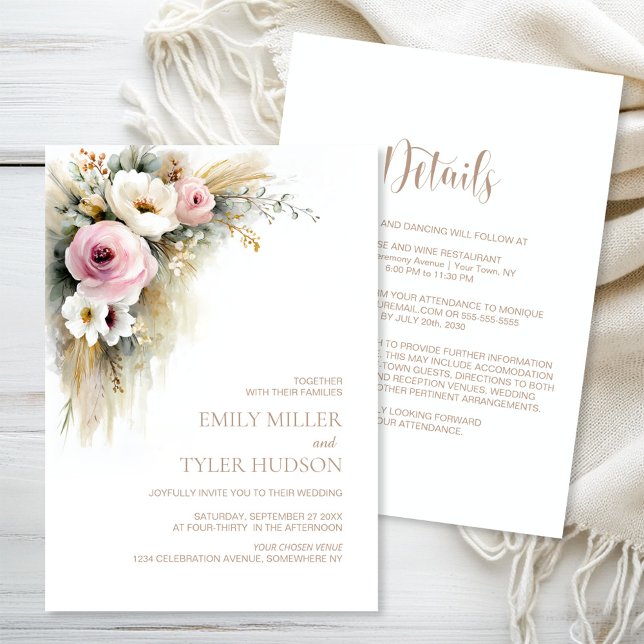 All in One Rustic Pink and White Floral Wedding Einladung (Von Creator hochgeladen)