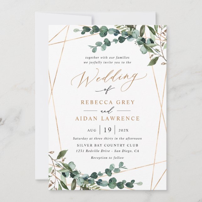 All-In-One Rustic Watercolor Gold Greenery Wedding Einladung (Vorderseite)
