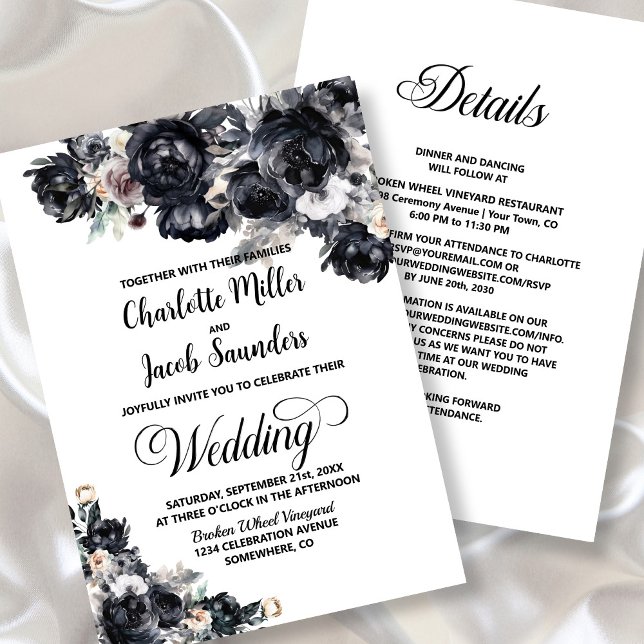 All in one Smokey Black Floral Hochzeit Einladung (Von Creator hochgeladen)